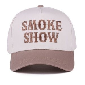 SMOKE SHOW Two-Tone Canvas Cotton Cap White and Brown Embroidered Letters